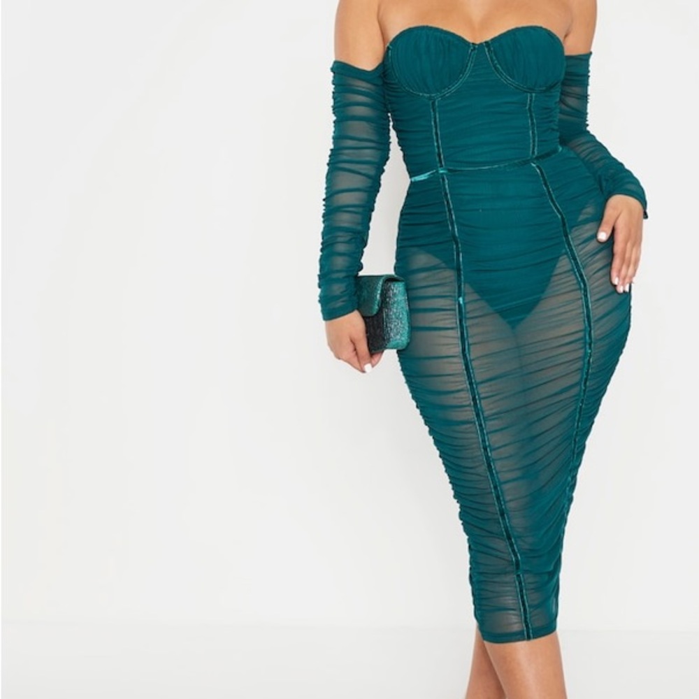 Jasper Green Mesh Ruched Velvet Binded Bardot Midi Dress